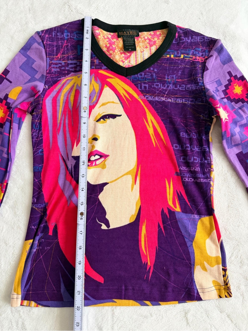 Hayes Custo Barcelona Y2K Portrait V-Neck Long Sleeve Tee 100% Cotton Medium - Picture 6 of 7